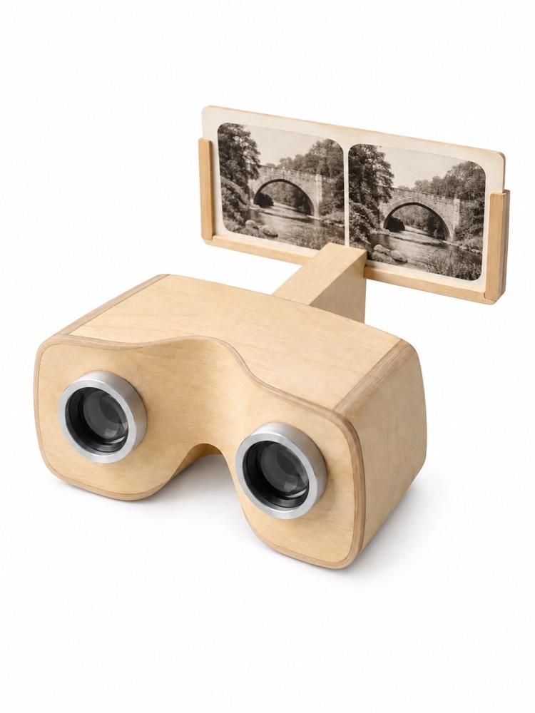 Pale wooden stereoscope with paired photographs.