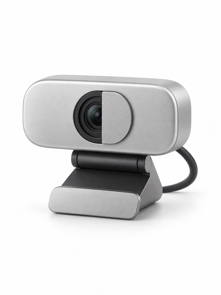 Silver webcam with a privacy shutter.