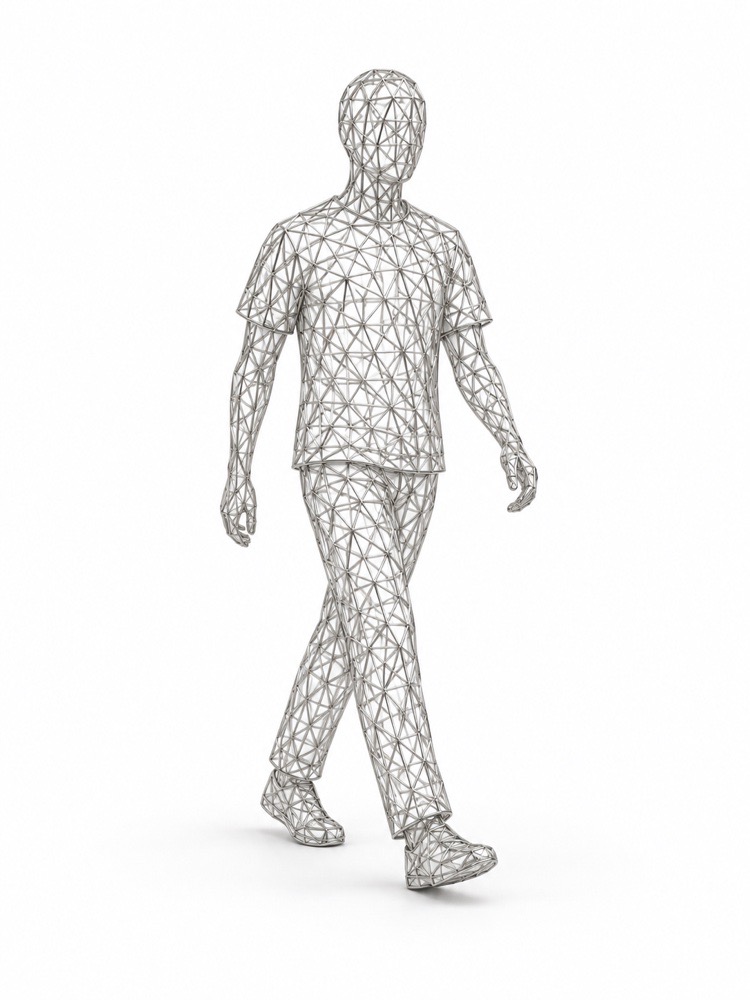 Silver wire sculpture of a walking person.