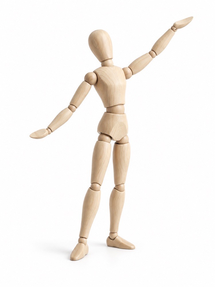 Wooden artist mannequin in an expressive pose.