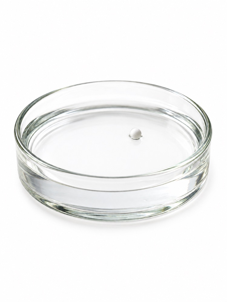 A glass dish of water with a small floating bead.