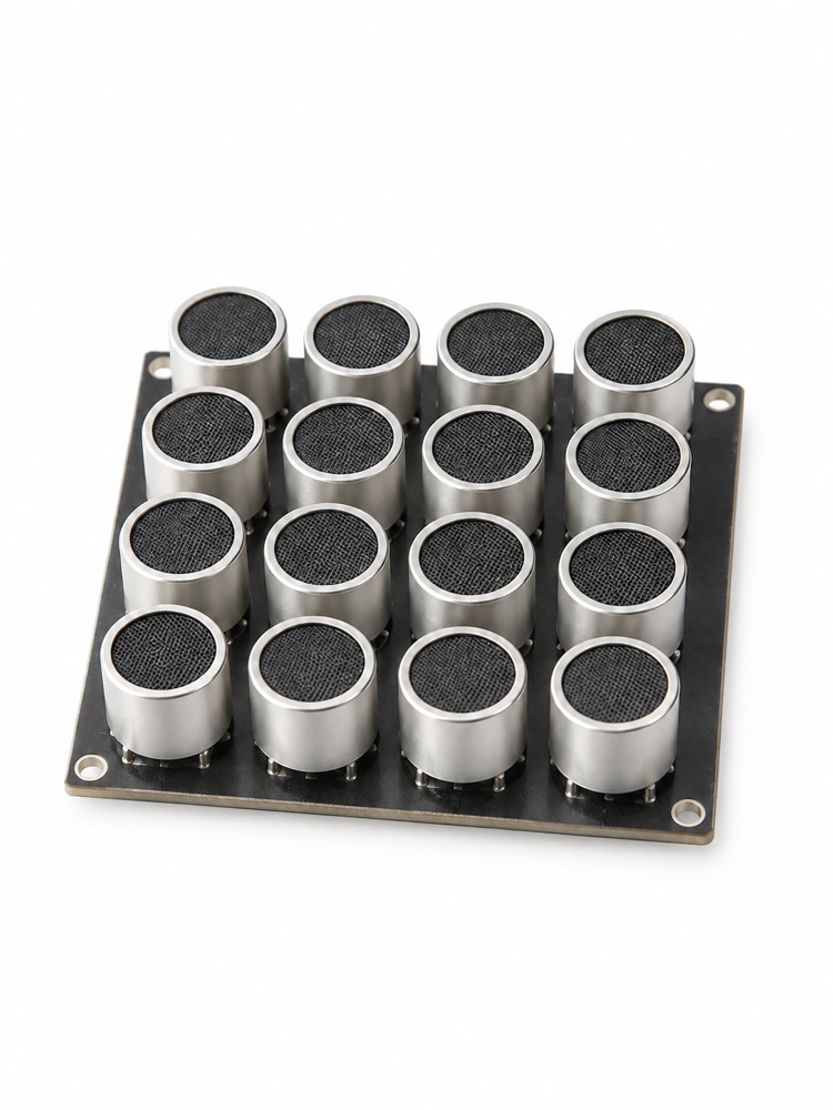 A square array of silver acoustic transducers.