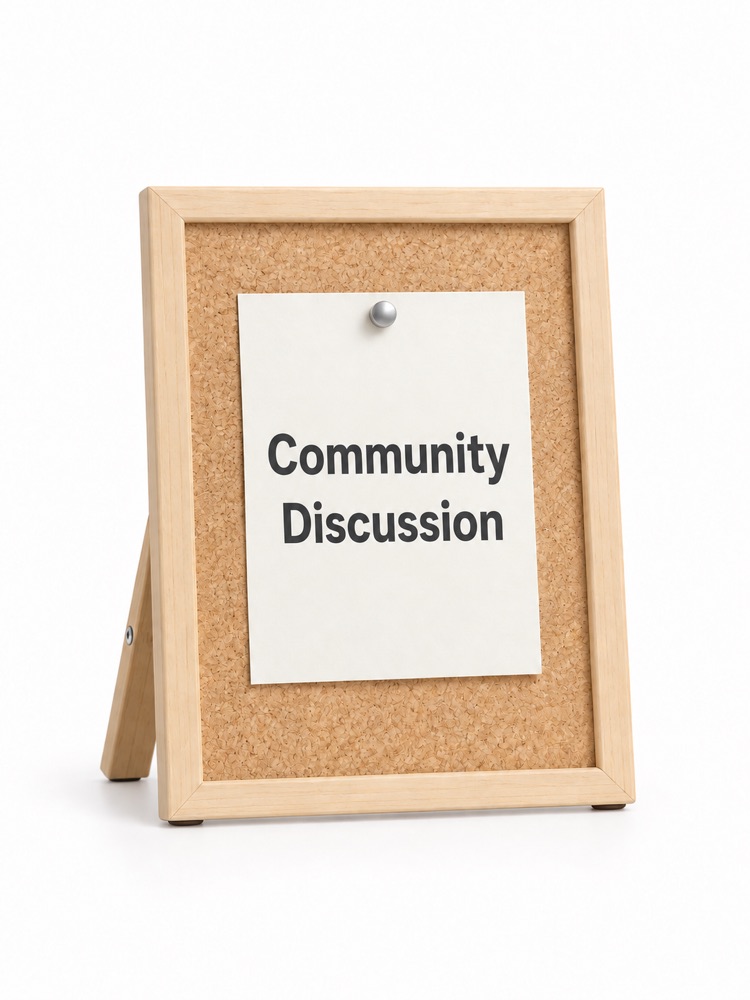 Wooden noticeboard with a pinned sheet reading Community Discussion.