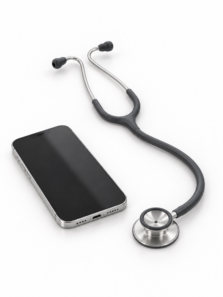 A smartphone beside a silver and charcoal stethoscope.