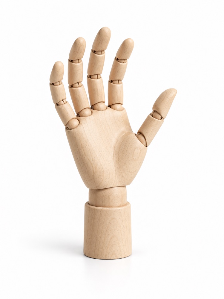 An articulated wooden artist hand.
