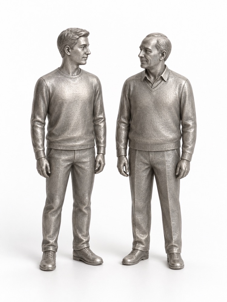 Two pewter figures facing each other.