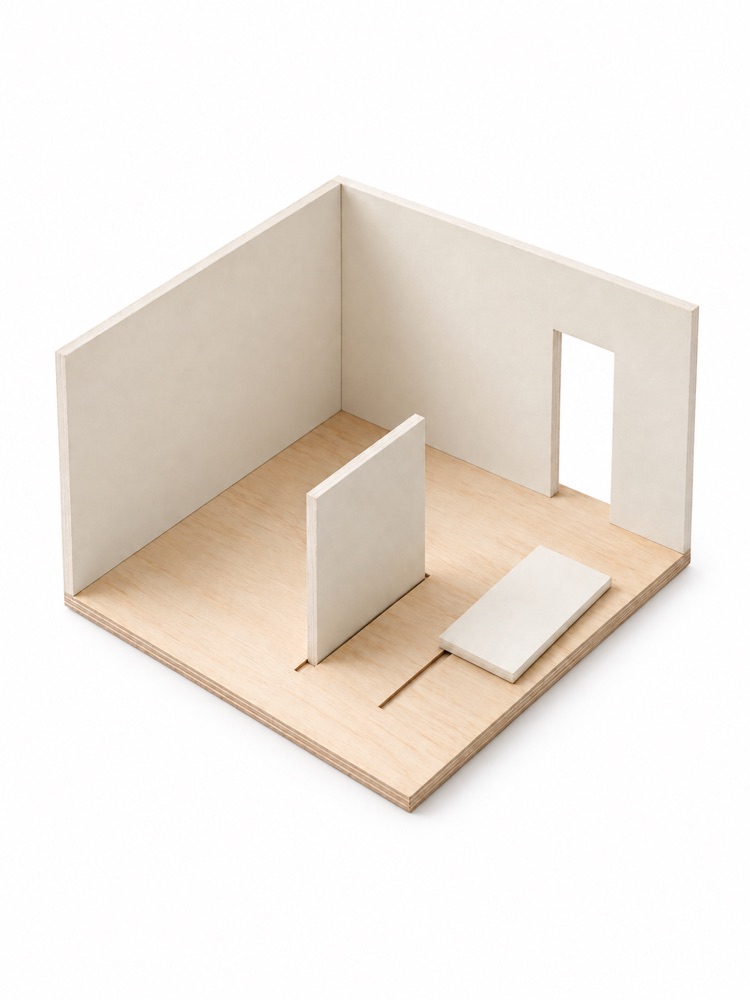 Architectural room model with removable partitions.