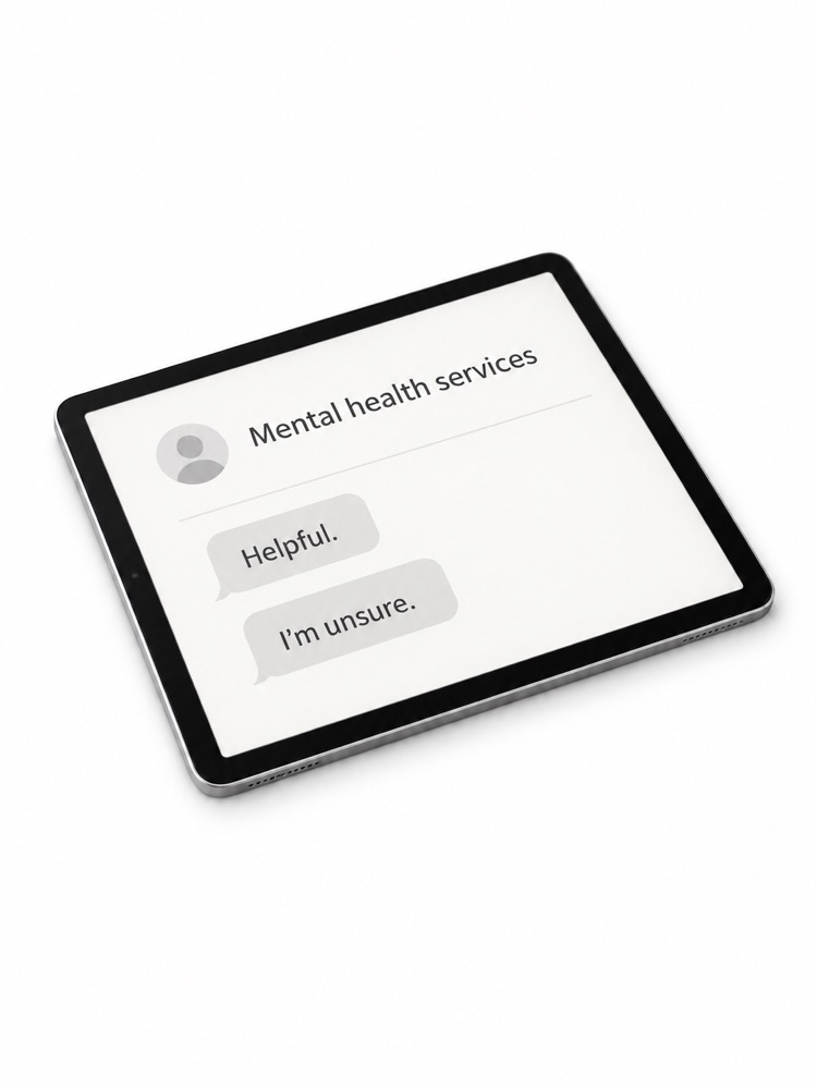 A tablet displaying a mental-health-service heading and comments.