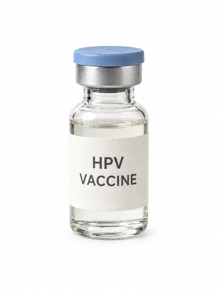A glass vial labeled HPV VACCINE.