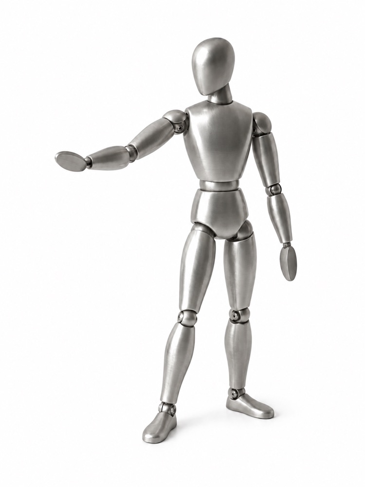 Jointed metal mannequin reaching forward.