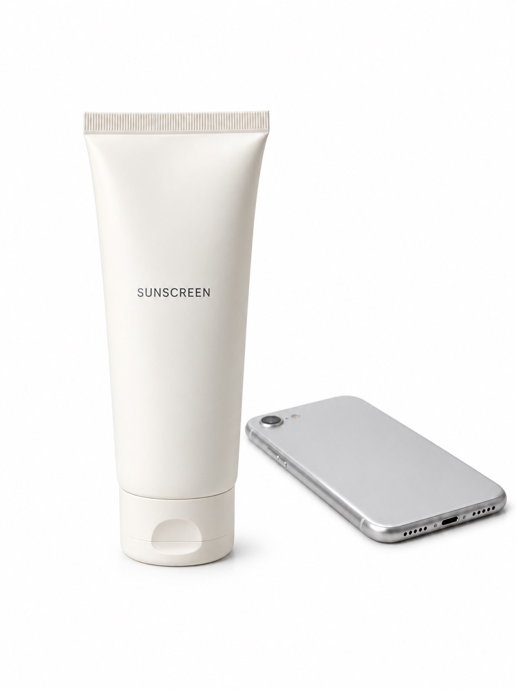 An ivory sunscreen tube beside a phone.