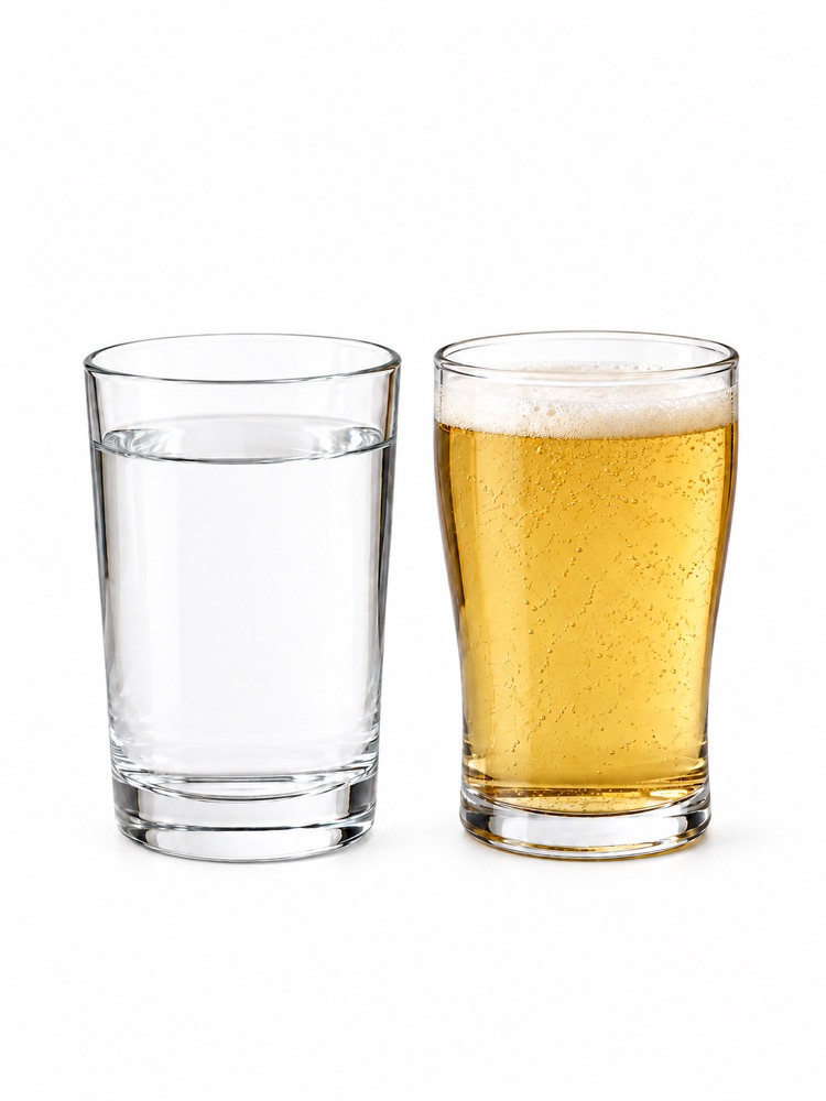 Matching glasses containing water and beer.