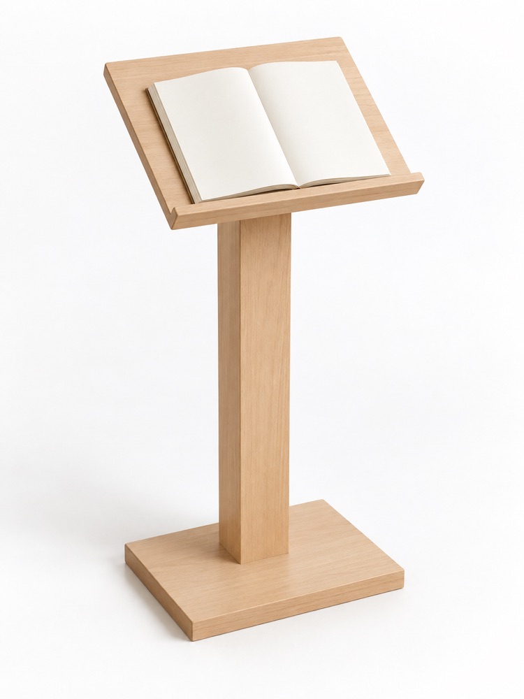 A wooden lectern holding an open book.