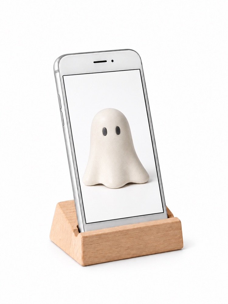 Silver phone in a wooden stand displaying an ivory ceramic ghost with two dark eyes.