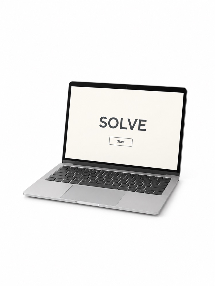 A silver laptop displaying SOLVE and Start.