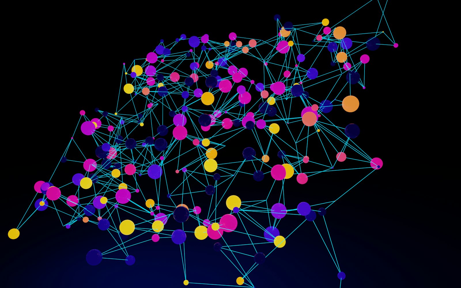 A network graph of brightly colored nodes joined by thin lines against a dark background.