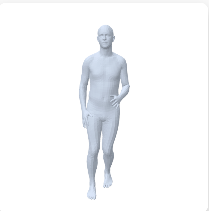 A 3D human body mesh reconstruction, mid-stride, rendered in pale blue-grey against a plain background.
